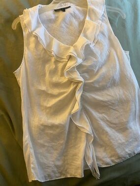 Lafayette 148 New York White Ruffle V-Neck Sleeveless Linen Blouse